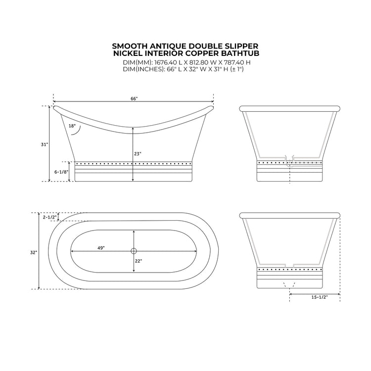 Ribbed Base Smooth Double Slipper Nickel Interior Copper Bathtub