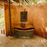 Load image into Gallery viewer, Slanting Base Copper Bathtub Copper Interior & Blue Green Patina Exterior Finish