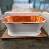 Pedestal Copper Bathtub White Powder Coated Exterior & Polished Copper Interior