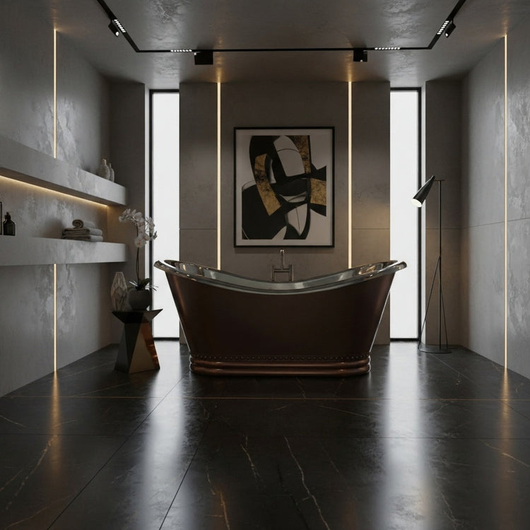 Ribbed Base Smooth Double Slipper Nickel Interior Copper Bathtub