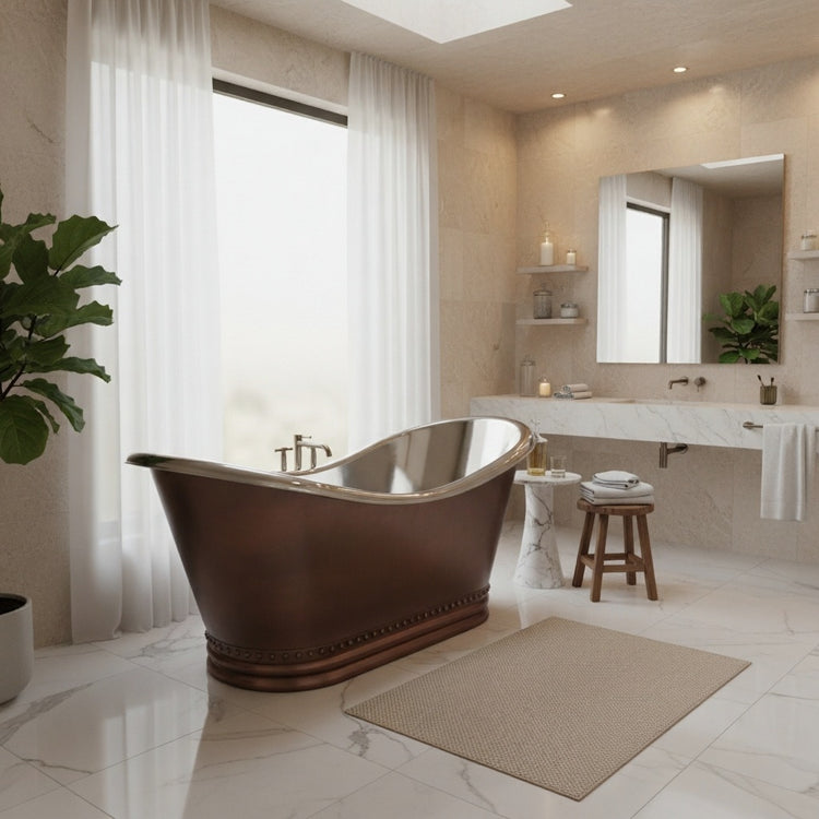 Ribbed Base Smooth Double Slipper Nickel Interior Copper Bathtub