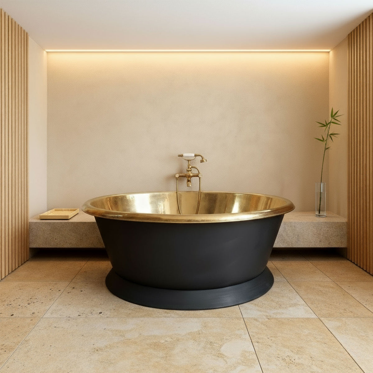 Round brass bathtub matt black exterior & polish brass interior