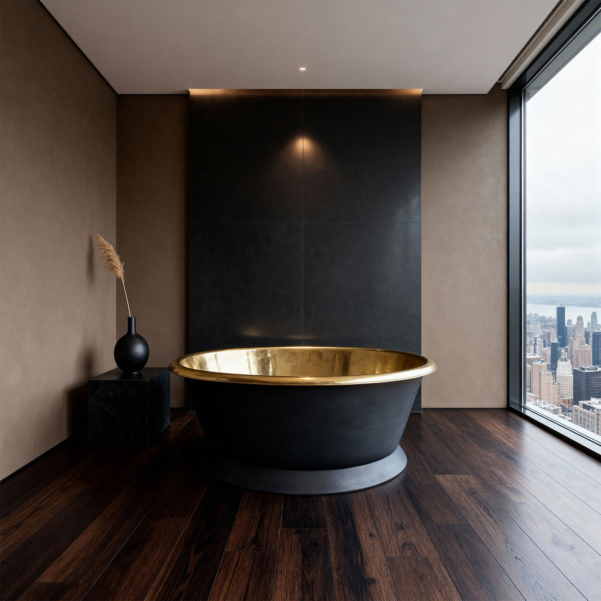 Round brass bathtub matt black exterior & polish brass interior