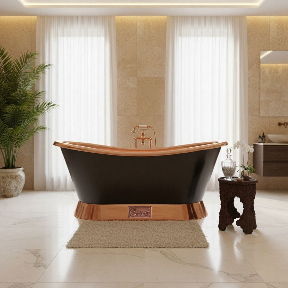 Slanting base copper bathtub copper inside & on base black outside