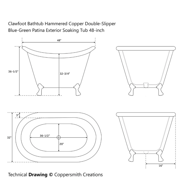 Clawfoot Bathtub Hammered Copper Double-Slipper Blue-Green Patina Exterior Soaking Tub 48-inch
