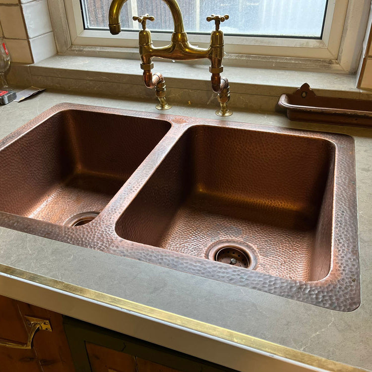 Double Bowl Single Wall Copper Kitchen Sink Hammered Antique Finish (without front apron)