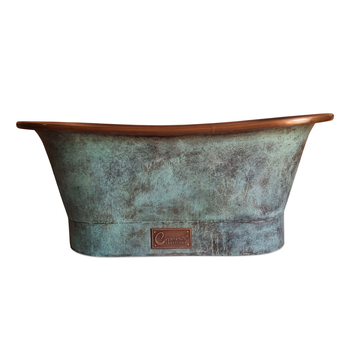Copper bathtub copper interior & blue green patina exterior finish