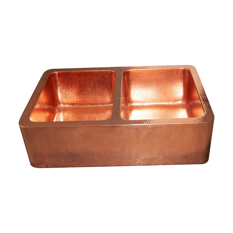 Double Bowl Copper Kitchen Sink Front Apron Hammered Shining Copper Finish