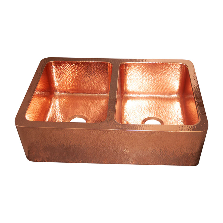 Double Bowl Copper Kitchen Sink Front Apron Hammered Shining Copper Finish