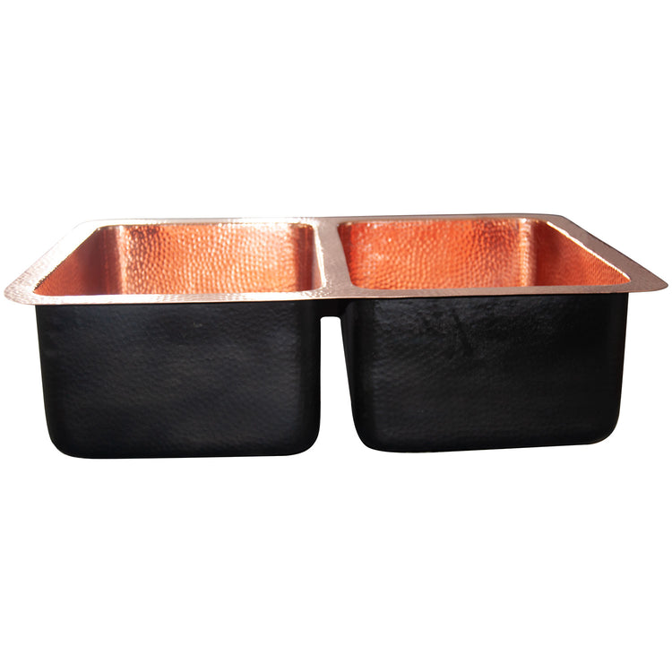 Double Bowl Copper Kitchen Sink Front Apron Hammered Shining Copper Finish