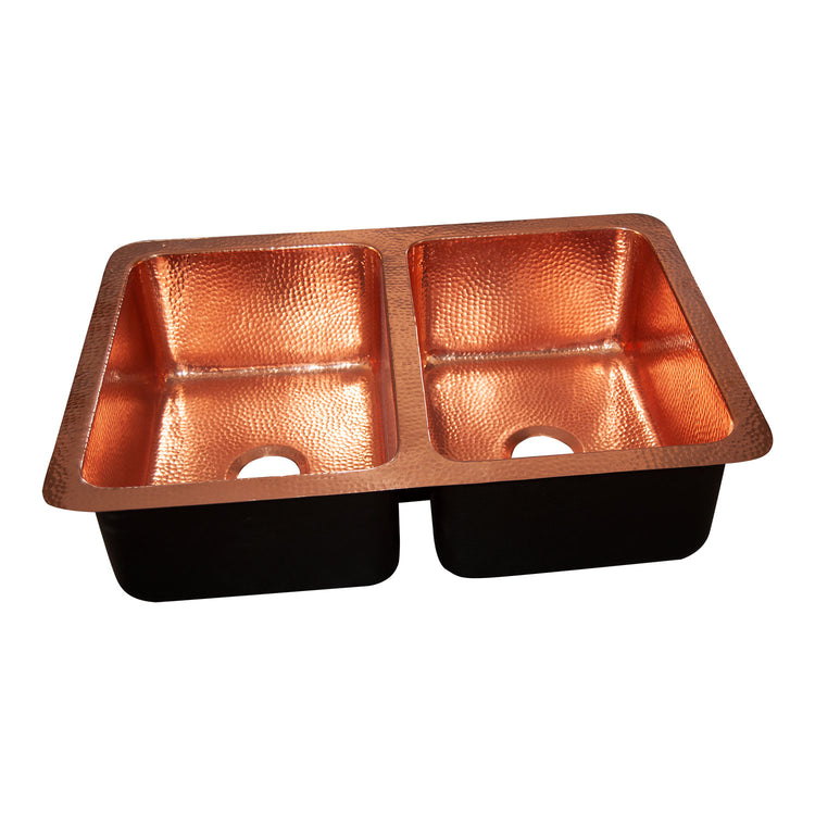 Double Bowl Copper Kitchen Sink Front Apron Hammered Shining Copper Finish