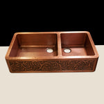 Load image into Gallery viewer, Copper Kitchen Sink 60-40 Split Embossed Hammered Antique