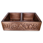Load image into Gallery viewer, Double Bowl Sunflower Design Front Apron Copper Kitchen Sink