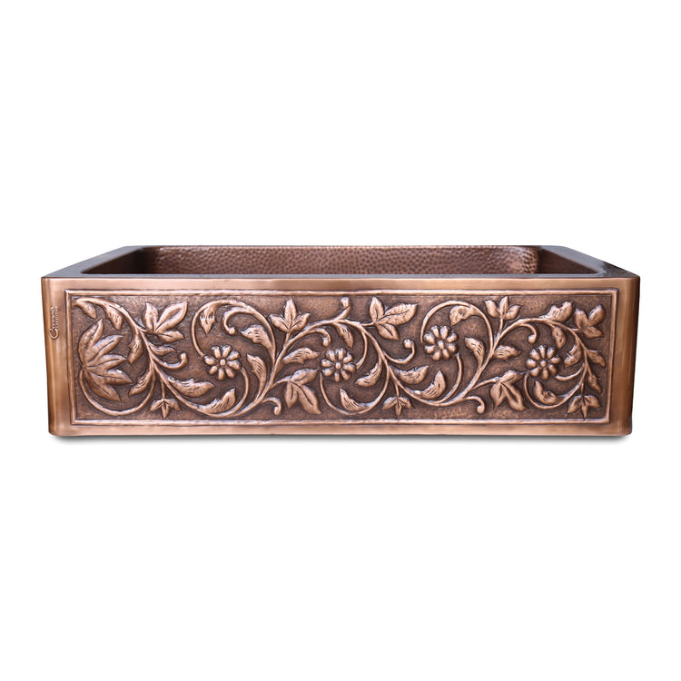 Single Bowl Vine Design Front Apron Copper Kitchen Sink