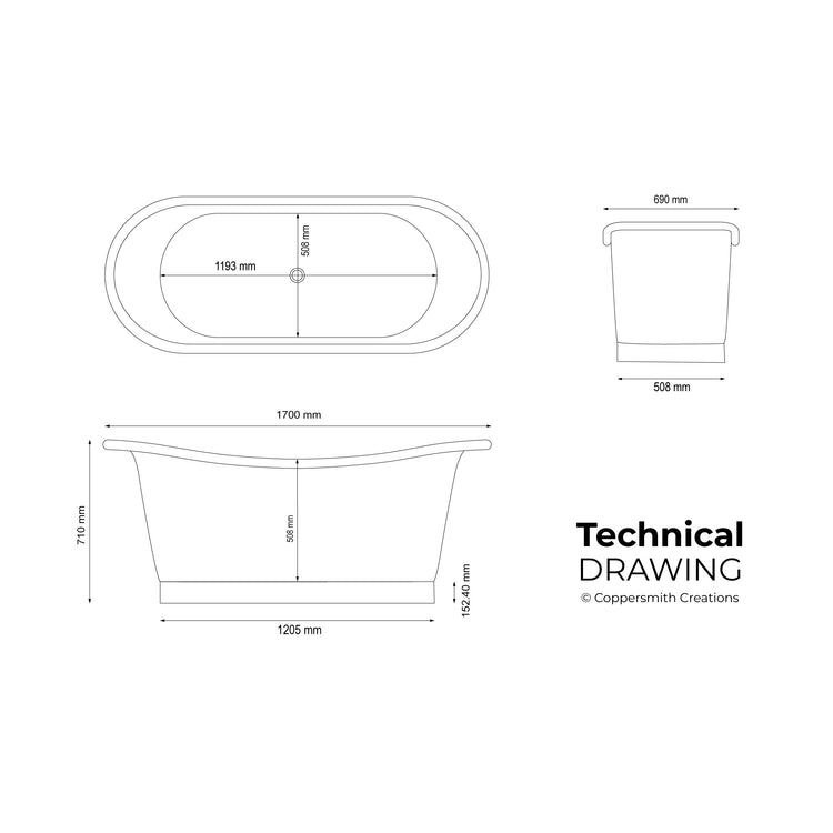 Straight Base Brass Bathtub Black Outside