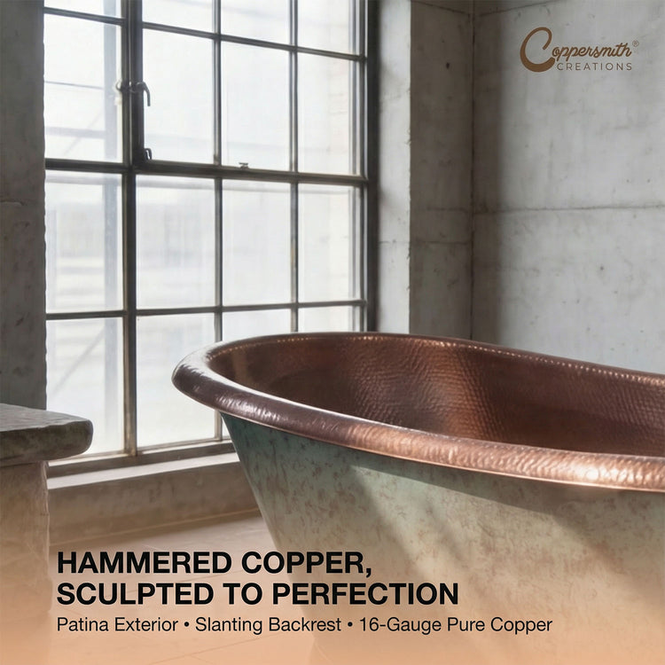 Slanting Base Copper Bathtub Hammered Antique Copper Interior & Patina Exterior Finish