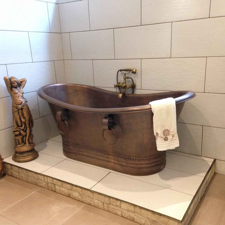 Hammered Antique Copper Tub with Ring Handles