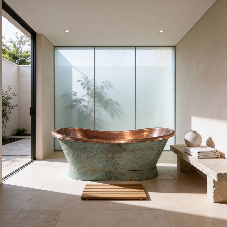 Slanting Base Copper Bathtub Hammered Antique Copper Interior & Patina Exterior Finish