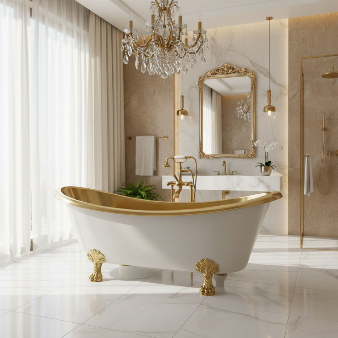 Clawfoot Brass Bathtub Polished Brass Interior & Matt White Exterior Finish