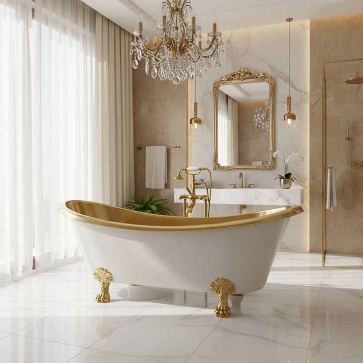 Clawfoot Brass Bathtub Polished Brass Interior & Matt White Exterior Finish
