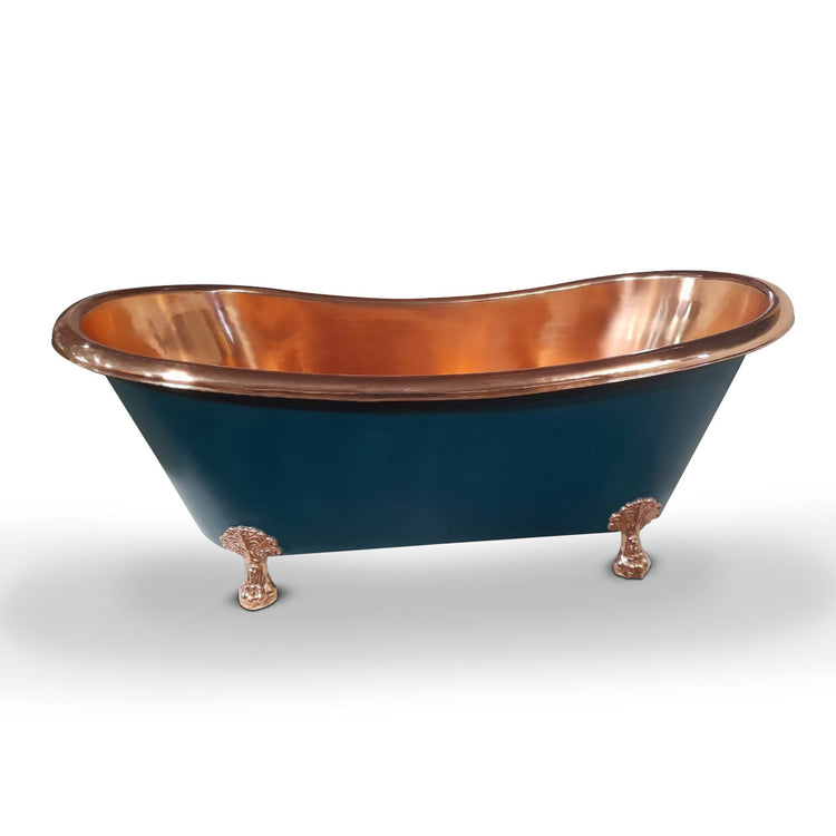 Copper Bathtub RAL 6004 Blue-Green Exterior & Copper Clawfoot Legs