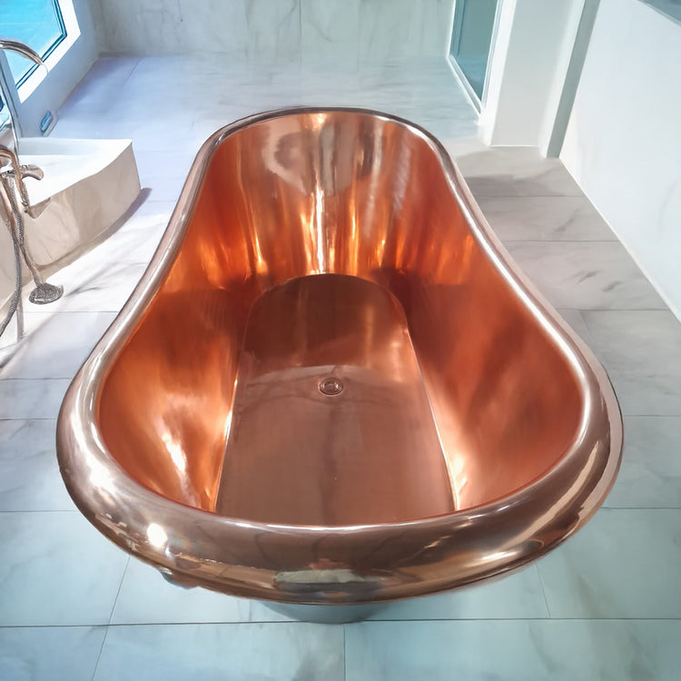 Copper Bathtub RAL 6004 Blue-Green Exterior & Copper Clawfoot Legs