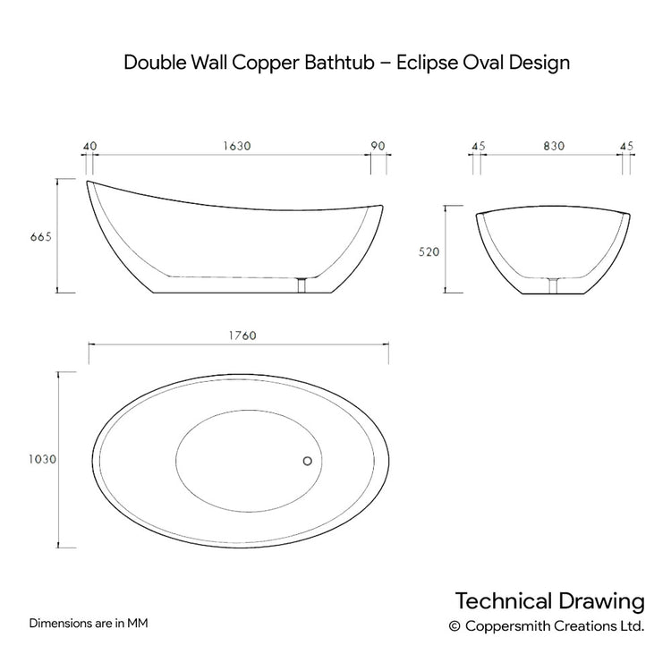 Double Wall Copper Bathtub Charcoal Black Antique – Eclipse Oval Design