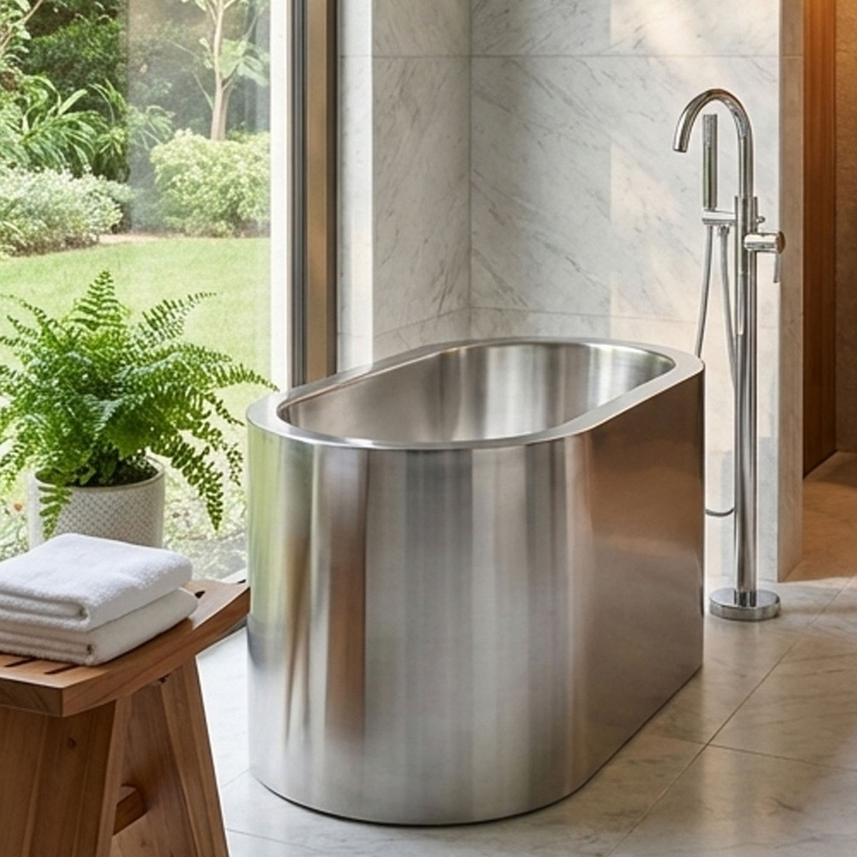 Double wall stainless steel bathtub with built in dual seats