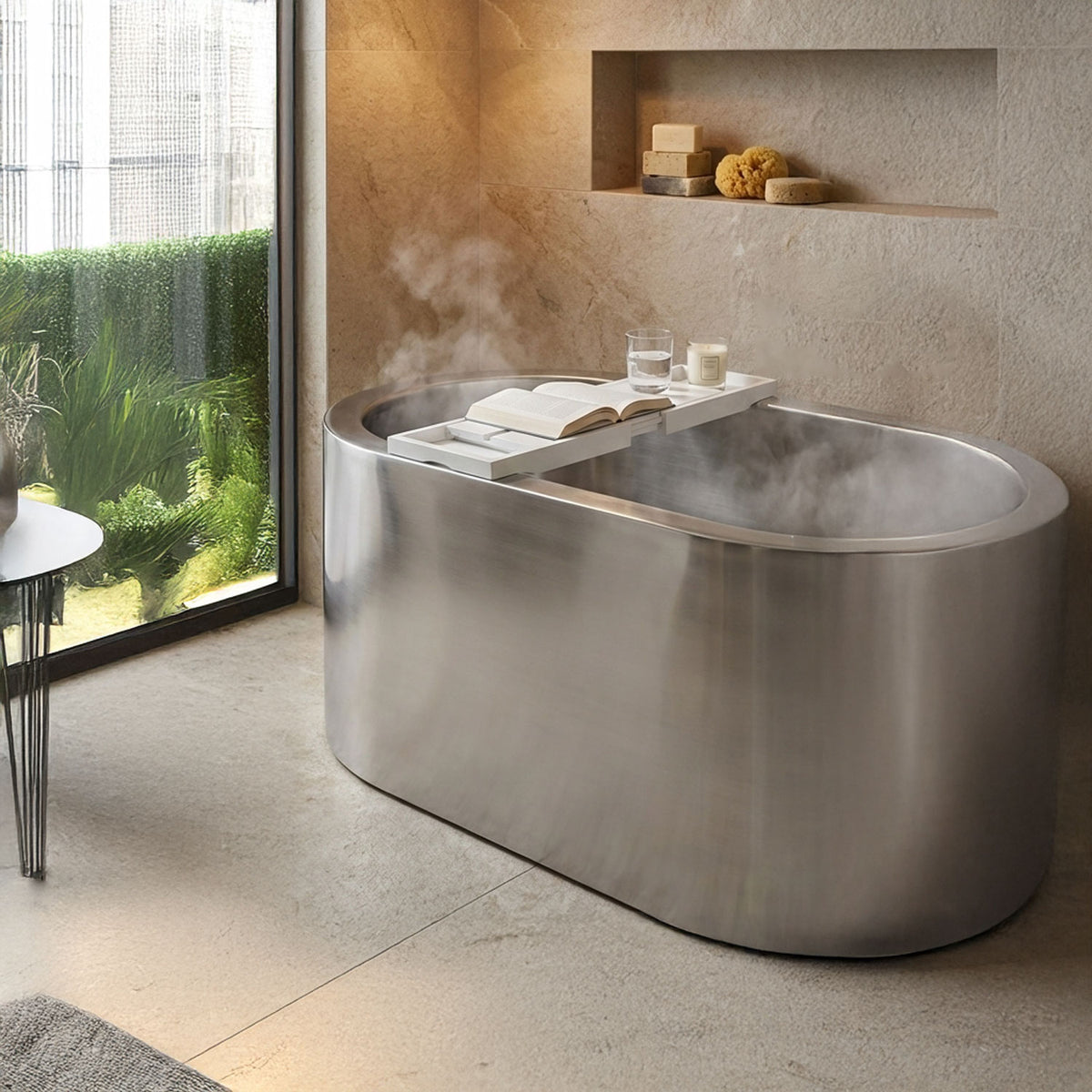 Double wall stainless steel bathtub with built in dual seats