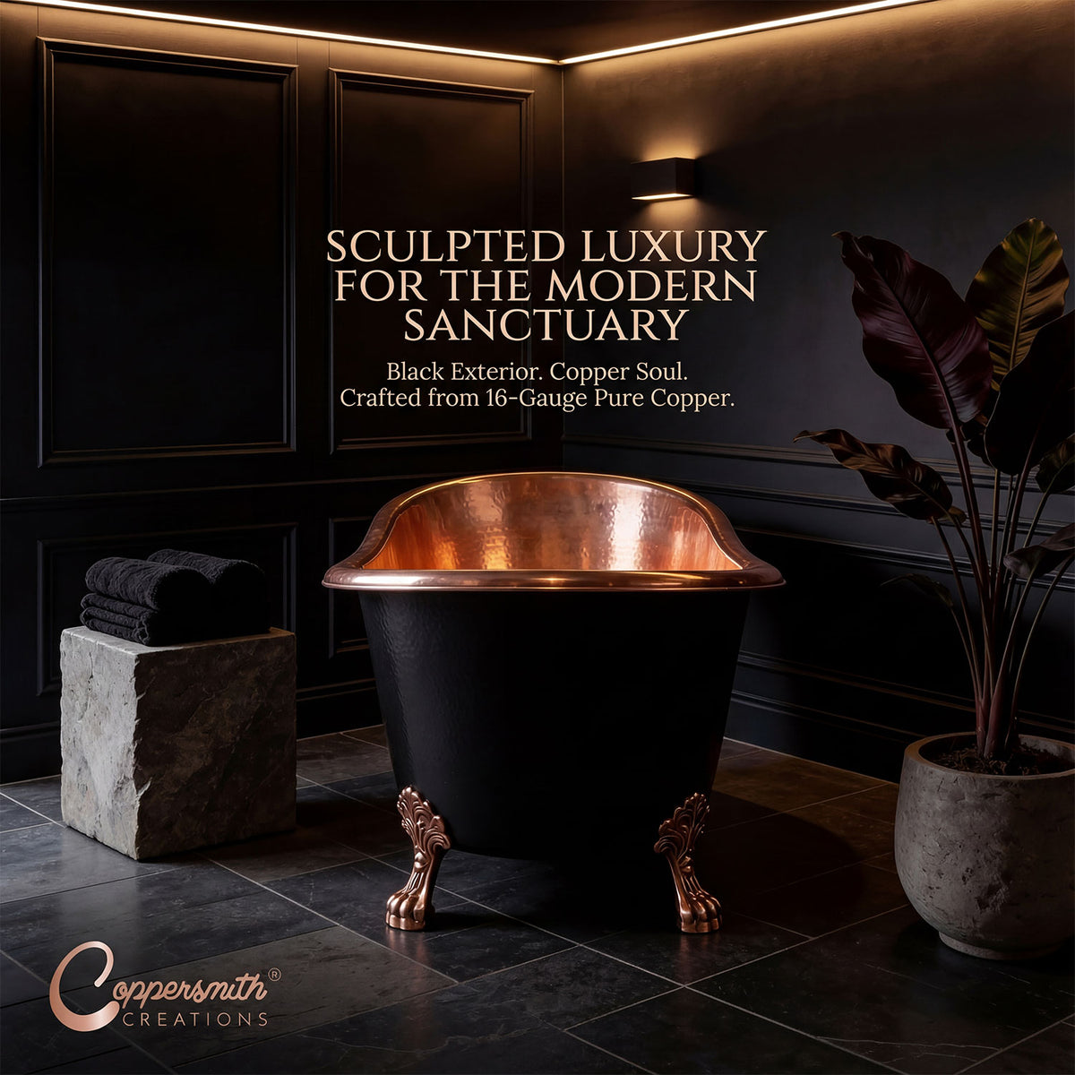 Hammered clawfoot copper bathtub copper interior & black exterior