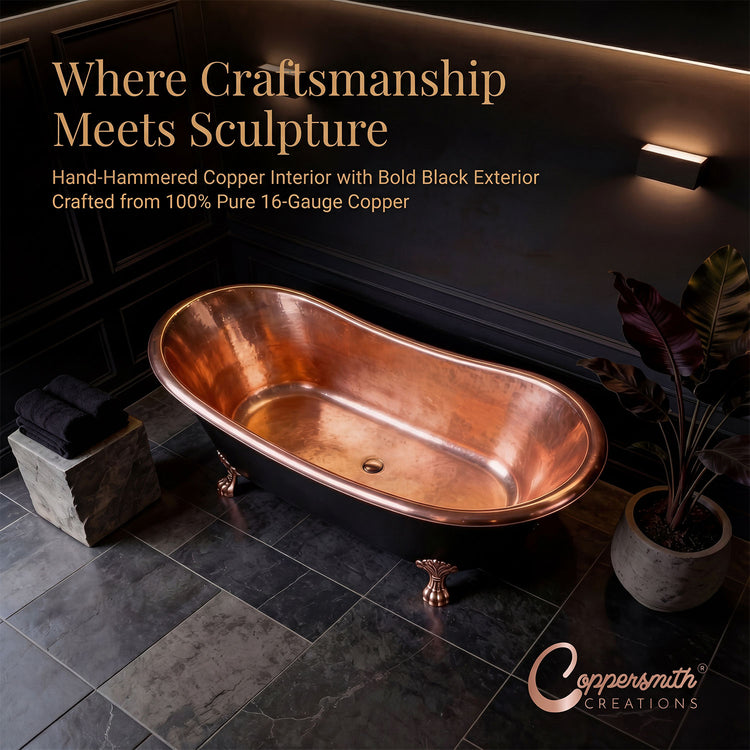 Hammered Clawfoot Copper Bathtub Copper Interior & Black Exterior