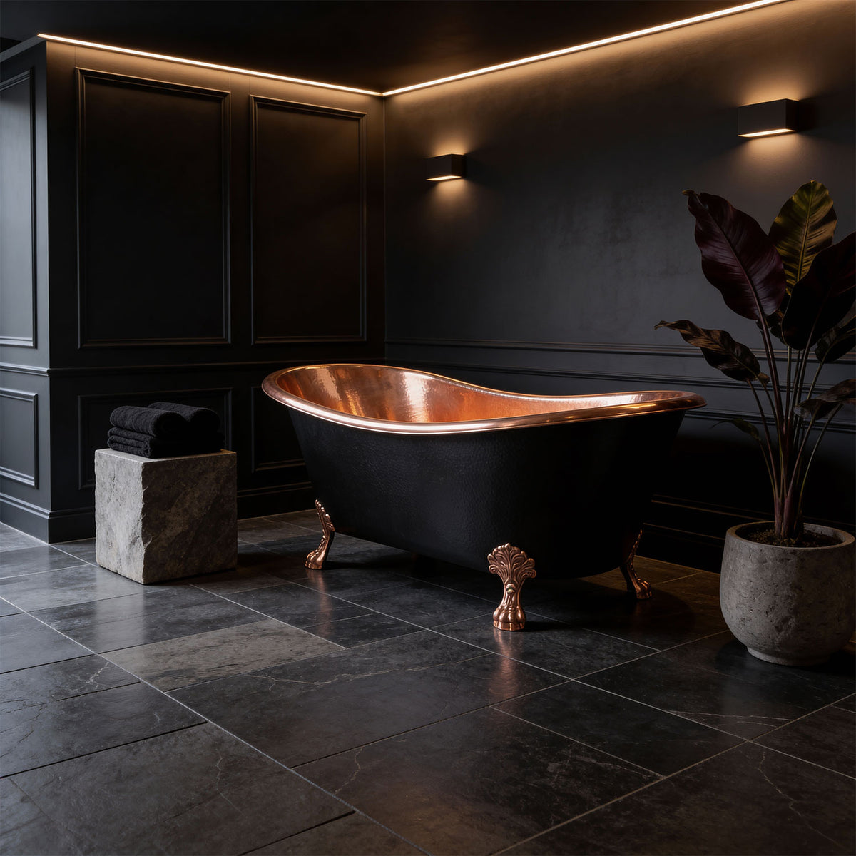 Hammered clawfoot copper bathtub copper interior & black exterior