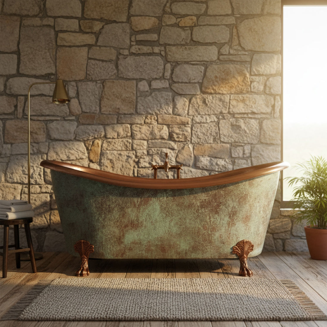 Hammered Clawfoot Copper Double Slipper Tub Blue-Green Patina Exterior