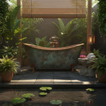 Load image into Gallery viewer, Hammered Clawfoot Copper Double Slipper Tub Blue-Green Patina Exterior
