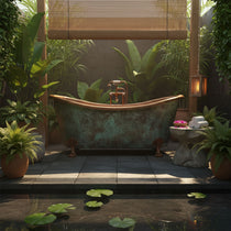 Hammered Clawfoot Copper Double Slipper Tub Blue-Green Patina Exterior