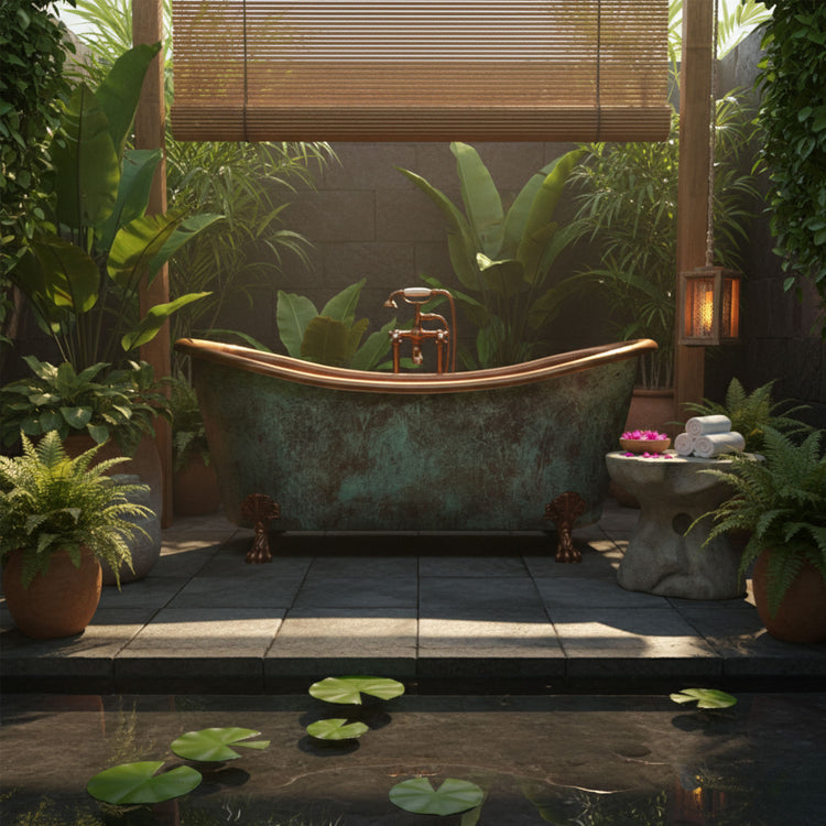 Hammered Clawfoot Copper Double Slipper Tub Blue-Green Patina Exterior