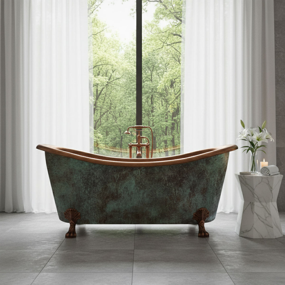 Hammered Clawfoot Copper Double Slipper Tub Blue-Green Patina Exterior