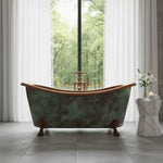 Load image into Gallery viewer, Hammered Clawfoot Copper Double Slipper Tub Blue-Green Patina Exterior
