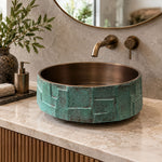Load image into Gallery viewer, Handcrafted Geometric Relief Cast Bronze Sink with Antique Interior &amp; Patina Exterior
