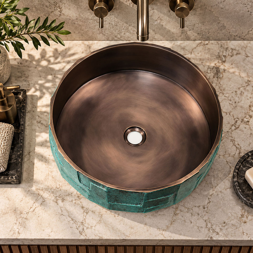 Handcrafted Geometric Relief Cast Bronze Sink with Antique Interior & Patina Exterior