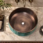Load image into Gallery viewer, Handcrafted Geometric Relief Cast Bronze Sink with Antique Interior &amp; Patina Exterior
