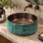 Load image into Gallery viewer, Handcrafted Geometric Relief Cast Bronze Sink with Antique Interior &amp; Patina Exterior
