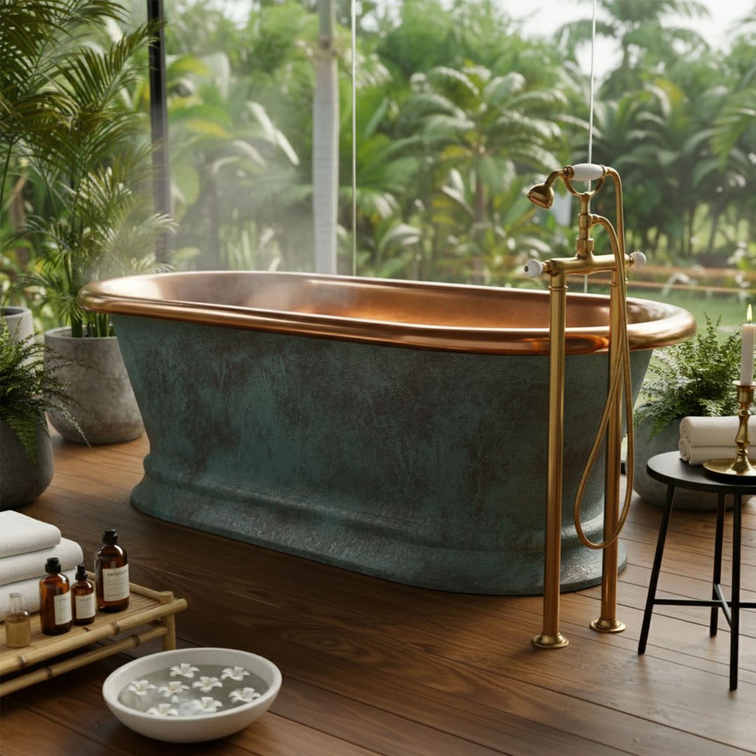 Pedestal Copper Bathtub Patina Exterior & Polished Copper Interior