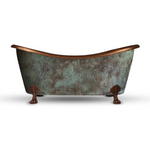Load image into Gallery viewer, Hammered Clawfoot Copper Double Slipper Tub Blue-Green Patina Exterior
