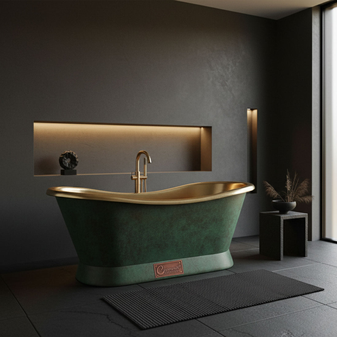 Slanting Base Brass Bathtub Polished Brass Inside & Patina Outside