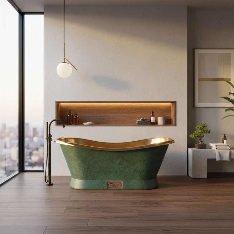 Slanting Base Brass Bathtub Polished Brass Inside & Patina Outside