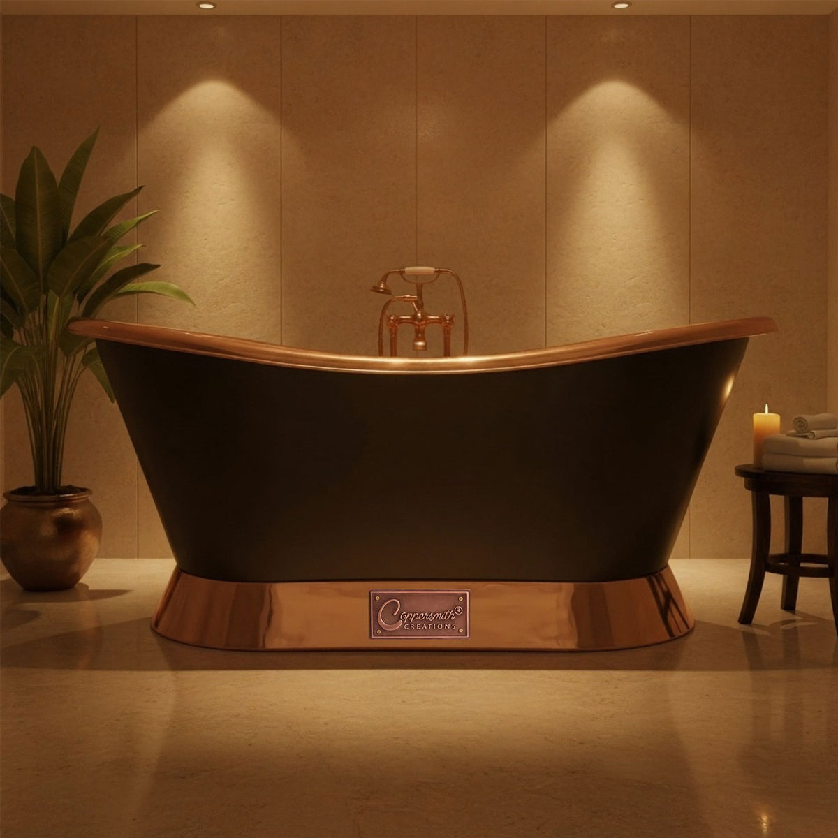 Slanting base copper bathtub copper inside & on base black outside