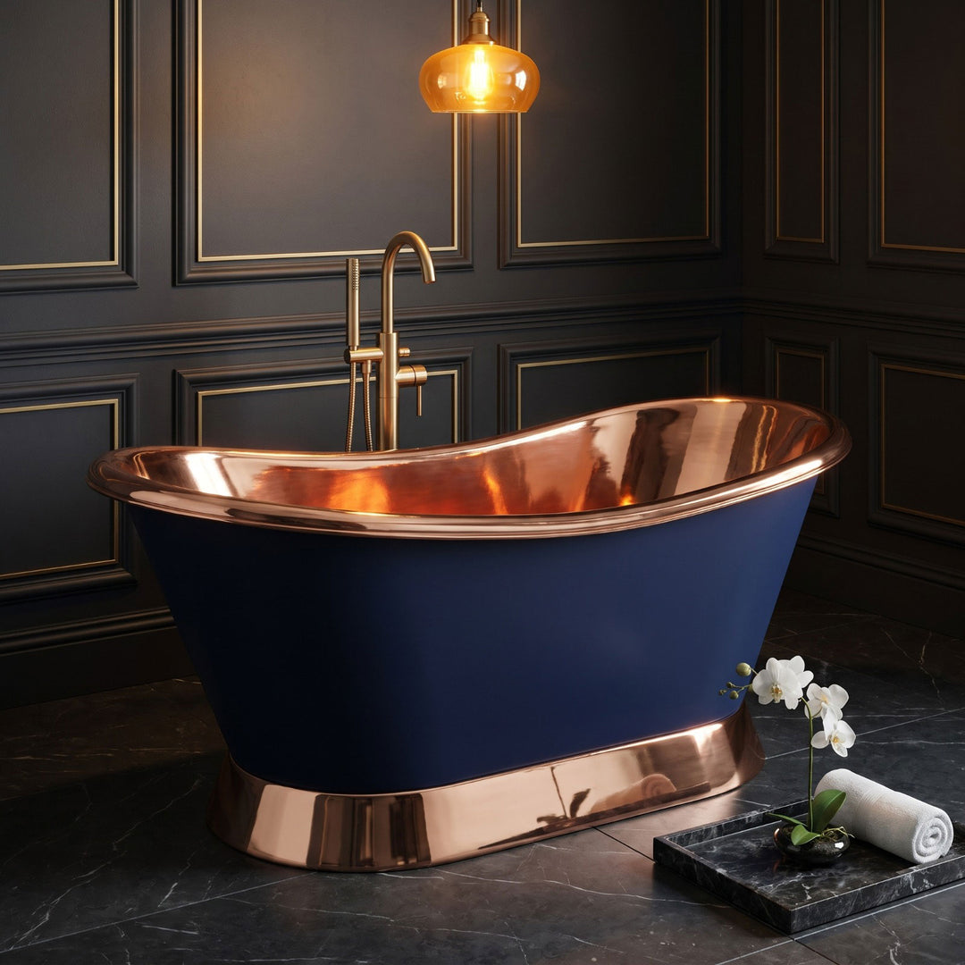 Slanting Base Copper Bathtub Copper Interior & on Base RAL5022 Night Blue Exterior