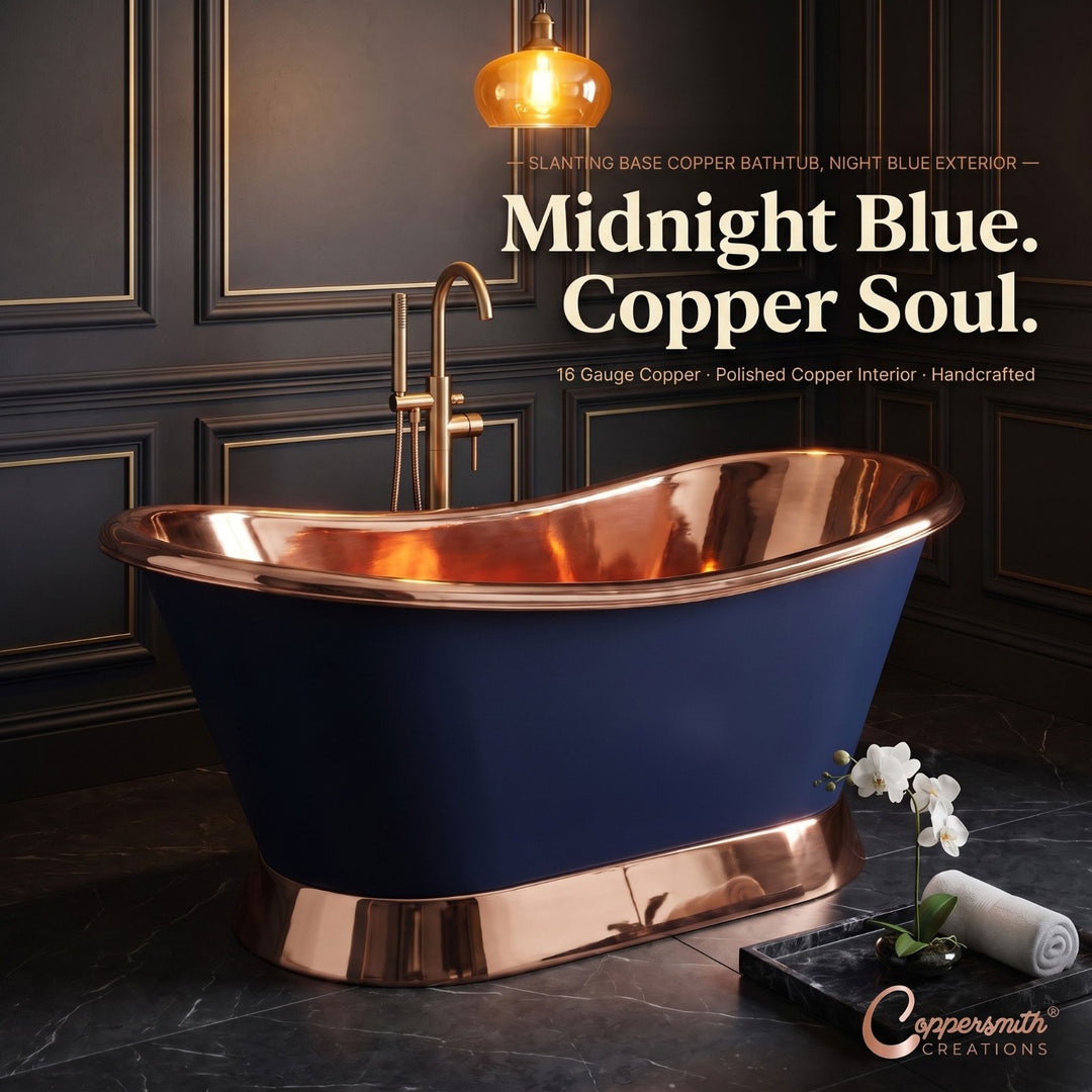 Slanting Base Copper Bathtub Copper Interior & on Base RAL5022 Night Blue Exterior