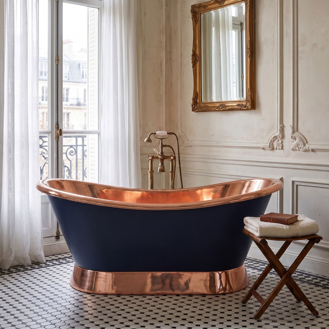 Slanting Base Copper Bathtub Copper Interior & on Base RAL5022 Night Blue Exterior